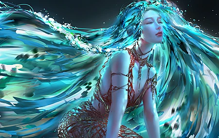 绝美女人 幻想女孩 闭着眼睛 绿松石头发 无水印壁纸 3840×2160