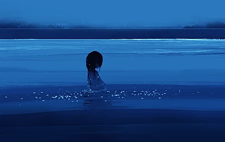 唯美短发 纤细 动漫女孩 海 水 游泳 手机壁纸 3840×2160