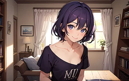 热门短发 微笑 艺术 动漫女孩 室内 书籍 书架 宽松的衣服 手机壁纸 3840×2160