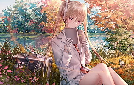 超清湖 树 秋天 双尾 紫色眼睛 校服 手中的书 壁纸 3840×2160