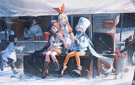 唯美动漫女孩 冬天 雪 饮料 围巾 项链 烹饪 帽子 4K壁纸 4096×2304