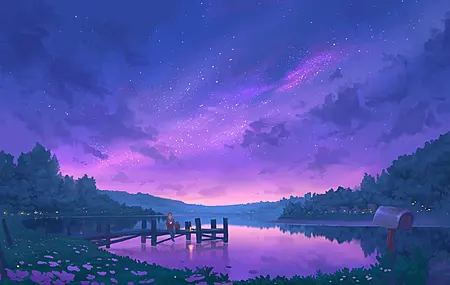 夜 星星 湖 码头 紫色 蓝色 星空 平静 4K壁纸 3840×2160