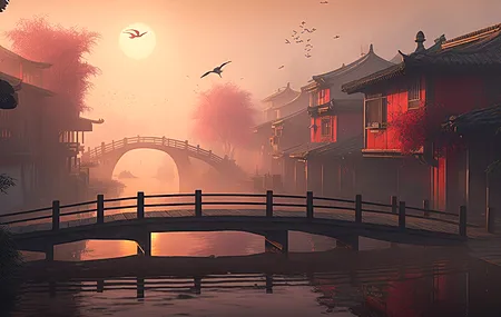 绝美艺术 插图 桥梁 中国 村庄 太阳 鸟 水 反射 壁纸 3840×2160