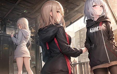超清动漫女孩 灰色连帽衫 回头看 兜帽 脸红 低角度 壁纸 3840×2160