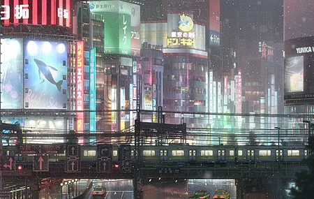 绝美动漫 城市 二次元 雨中城市 夜下建筑 桌面壁纸 3840×2160