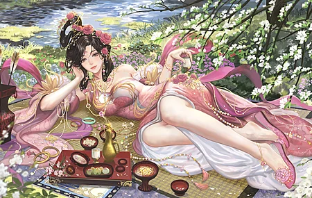 高清女性 微笑 花 大自然 水 草 头发里的花 树枝 衣服 无水印壁纸 3840×2160