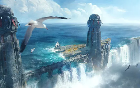 AI艺术 海鸥 瀑布 船 无水印壁纸 3840×2160