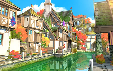AI艺术 运河 房屋 瀑布 旗帜 风景 4K高清壁纸 3840×2160