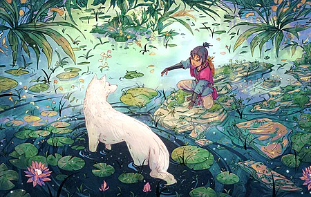 热门克里斯蒂安·贝纳维德斯 AI艺术 奇幻艺术 狼 睡莲 河流 水 动物 花 自然 高清壁纸 3840×2160