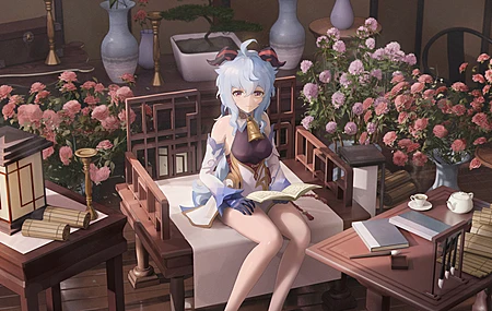 热门蓝发 原神 赣语 动漫女孩 号角 书籍 鲜花 桌面壁纸 3840×2160