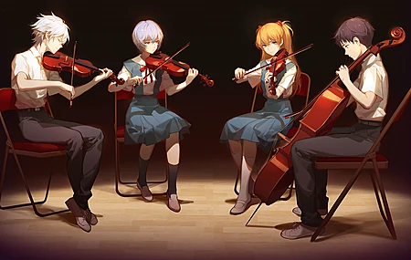 动漫女孩 动漫男孩 小提琴 大提琴 乐器 霓虹创世纪福音 椅子 4K壁纸 3840×2160