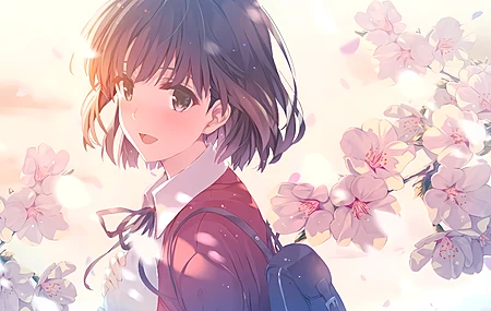 短发 动漫女孩 樱花 背包 加藤美美 赛奈女主角 索迪卡塔 鲜花 校服 无水印壁纸 3840×2160