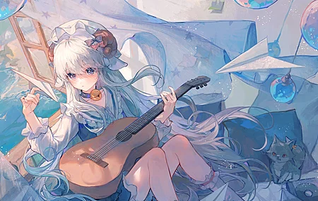 高清原创人物 抹茶 长发 动漫女孩 乐器 猫 银发 手机壁纸 3840×2160