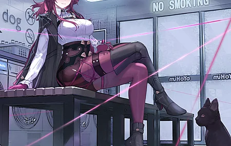 微笑 卡夫卡 动漫女孩 紫色眼睛 格子 猫 动物 手机壁纸 7808×6967
