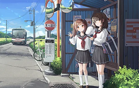 挥手 微笑 黑发 动漫女孩 校服 棕色的眼睛 4K壁纸 3840×2160