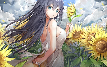 热门长发 蓝眼睛 福华 夏装 向日葵 白色连衣裙 黑发 太阳裙 动漫女孩 桌面壁纸 3840×2160
