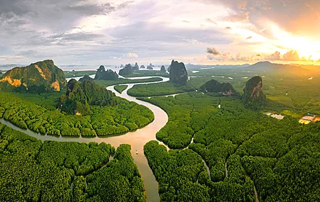 泰国 风景 自然 河流 森林 岩石 山脉 天空 云 日落 鸟瞰 4K壁纸 3840×2160