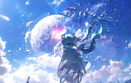 唯美仰望 站立 蓝发 长发 动漫 小提琴 初音 动漫女孩 桌面壁纸 3840×2160