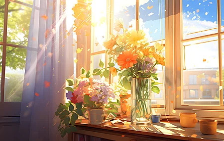 阳光 花朵 花瓣 窗户 树叶 植物 窗帘 壁纸 3840×2160