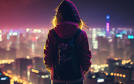 女人 人工智能艺术 城市 天际线 夜晚 城市灯光 赛博朋克 兜帽 背包 4K高清壁纸 3840×2160