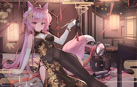 粉色头发 狐狸尾巴 狐尾 动漫 动漫女孩 兽耳 中式服装 壁纸 3840×2160