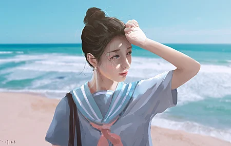 唯美黑发 脸 天空 动漫女孩 海边女孩人物照 高清壁纸 3840×2160