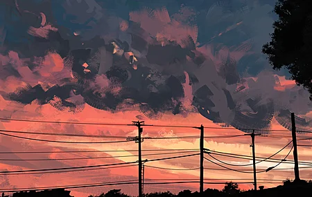 AI艺术 云 电线杆 油画风格 夕阳下的景物 壁纸 3840×2160
