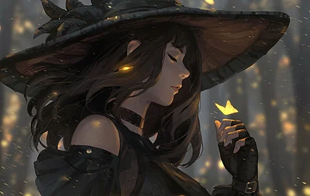 经典闭眼 动漫女孩 女巫帽子 蝴蝶 项链 桌面壁纸 3840×2160