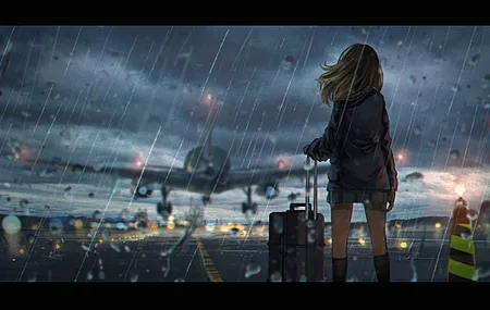 动漫 动漫女孩 飞机 雨 校服 水 4K高清壁纸 5616×3150
