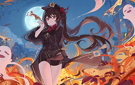 热门胡桃 原神 黑发 雅居 双尾 火 月亮 幽灵 高清壁纸 3840×2160