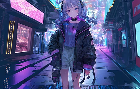 超清赛博朋克 艺术 冬季街头 穿棉衣的女孩 桌面壁纸 3840×2160