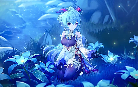 幻想女孩 微笑 原神 动漫女孩 蓝色 花 叶 草 壁纸 3840×2160