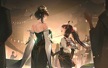 动漫 动漫女孩 连衣裙 节日 面对面 4K高清壁纸 3840×2160