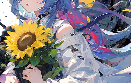 超清动漫 动漫女孩 角 花 向日葵 叶子 花瓣 艺术 赣语 壁纸 3840×2160