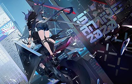 超清游戏CG角色 蓝色头发 长发 马尾辫 骑机车的女孩 壁纸 3840×2160