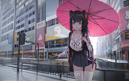 经典深色头发 户外女人 长发 动漫 动漫女孩 城市 手拿雨伞 高清壁纸 3840×2160