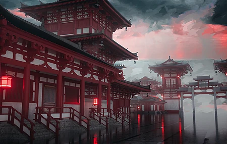 西摩 红色建筑 灯笼 烟雾弥漫 桌面壁纸 3840×2160