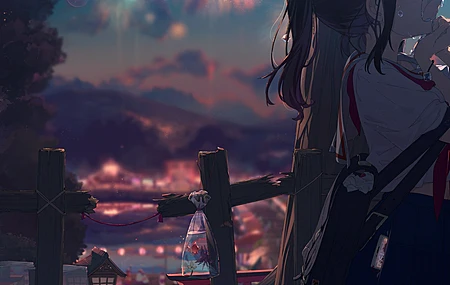 动漫 动漫女孩 AI艺术 哭泣 夜晚 烟花 校服 壁纸 3840×2160