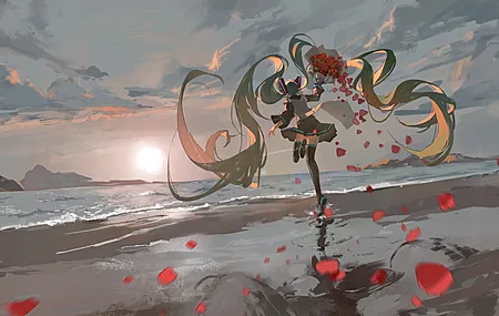 经典动漫女孩 跑步 夕阳辉光 海滩上的女人 波浪 壁纸 3840×2160
