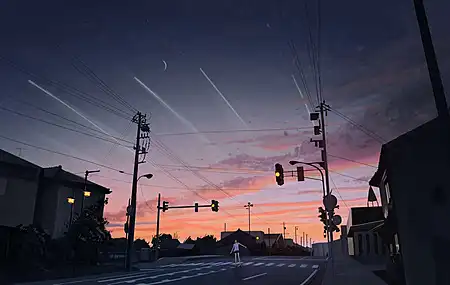 绝美街道 房屋 红绿灯 日落 夕阳辉光 城市 人行天桥 轨道 壁纸 3840×2160