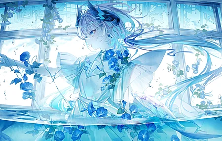 动漫女孩 发带 白色连衣裙 连衣裙 双色调头发 站在水中 壁纸 3840×2160