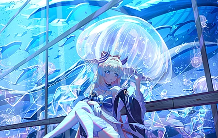绝美双色调头发 水母 动物 鱼 水 泡泡 鲸鱼 壁纸 3840×2160