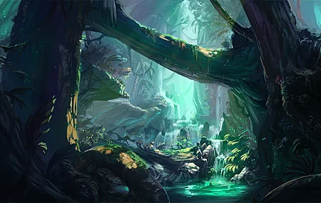 古代 奇幻艺术 树木 瀑布 河流 电脑 高清壁纸 5000×2750