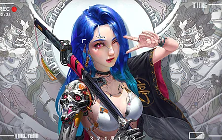 超清蓝色头发 和平手势 长发 动漫女孩 赛博朋克 武士 电脑 4K壁纸 3840×2160