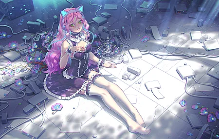 超清猫女孩 网络女孩 动漫 鲜花 网络 赛博朋克 电脑 壁纸 5744×2880