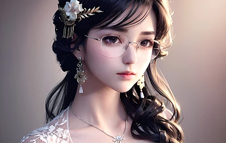 高清艾冬冬 亚洲 女人 长发 眼镜 耳环 项链 珠宝 简单背景 电脑 高清壁纸 4096×2560