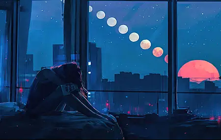 坐着 床 窗 月亮 天空 夜 卧室 独自 沮丧 星星 杯子 建筑 电脑 高清壁纸 3840×2160