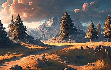 艺术 风景 AI艺术 插图 自然 夕阳辉光 树木 山脉 云 电脑 4K高清壁纸 3840×2160