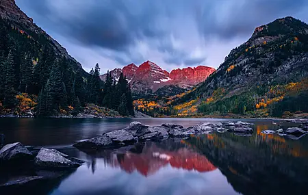 热门风景 山 湖 天空 日落 自然 松树 反射 长的 栗色的钟声 电脑 高清壁纸 6016×4016