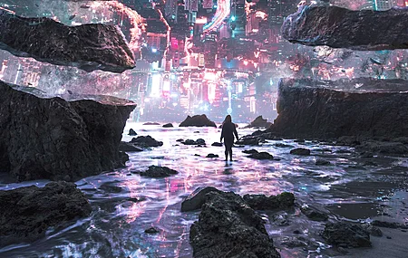唯美妇女 AI艺术 城市 岩石 海 幻想艺术 颠倒 超现实 未来主义 赛博朋克 电脑 高清壁纸 3840×2160